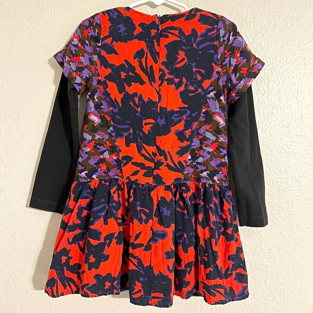 Catimini Floral Drop‎ Waist Dress Kids Size 5 Red Purple Black Long Sleeve